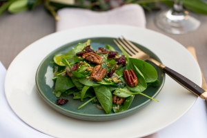 Spinatsalat mit kandierten Pekannüssen, Cranberries und geröstetem Sesam-Dressing